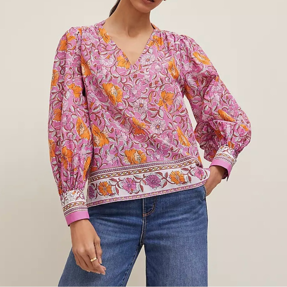 Ann Taylor Women’s Floral V-Neck Blouse Medium - 100% Cotton - Blouson Sleeves